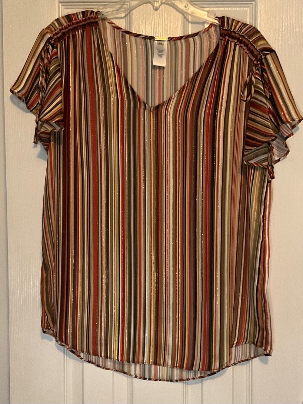 Tahari Vertical Striped V-Neck Flutter Sleeve Blouse — Multicolor